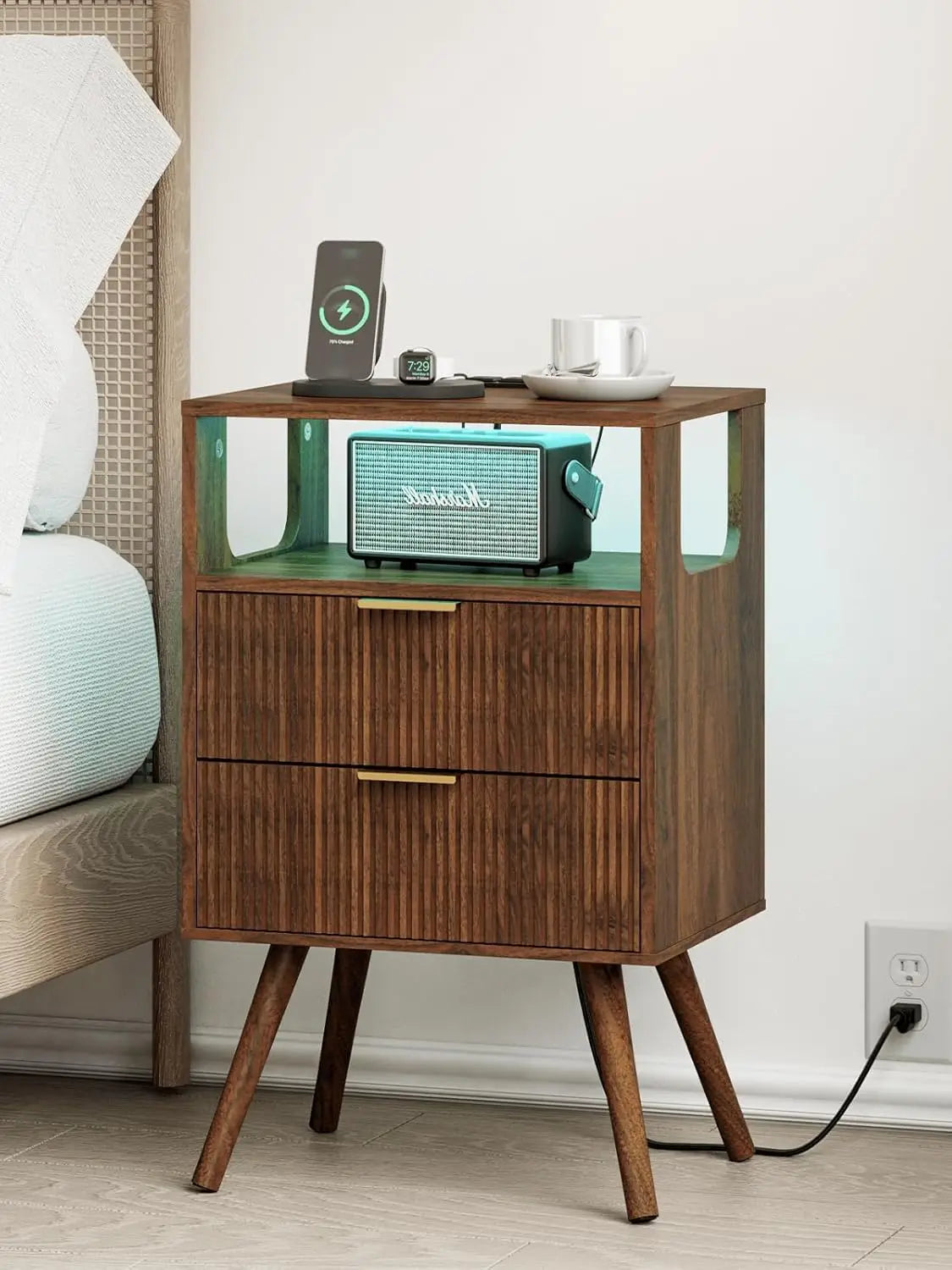 Nightstand Modern 2 Storage Drawer and Open Wood Shelf for Bedroom Spaces Night Stand with Solid Wood Legs Grey Oak-Outlet