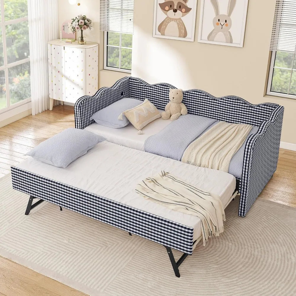 Twin to King Size Linen Gingham Daybed with Pop Up Trundle USB Ports Upholstered Sofa Bed Frame for Living Room Bedroom Guest
