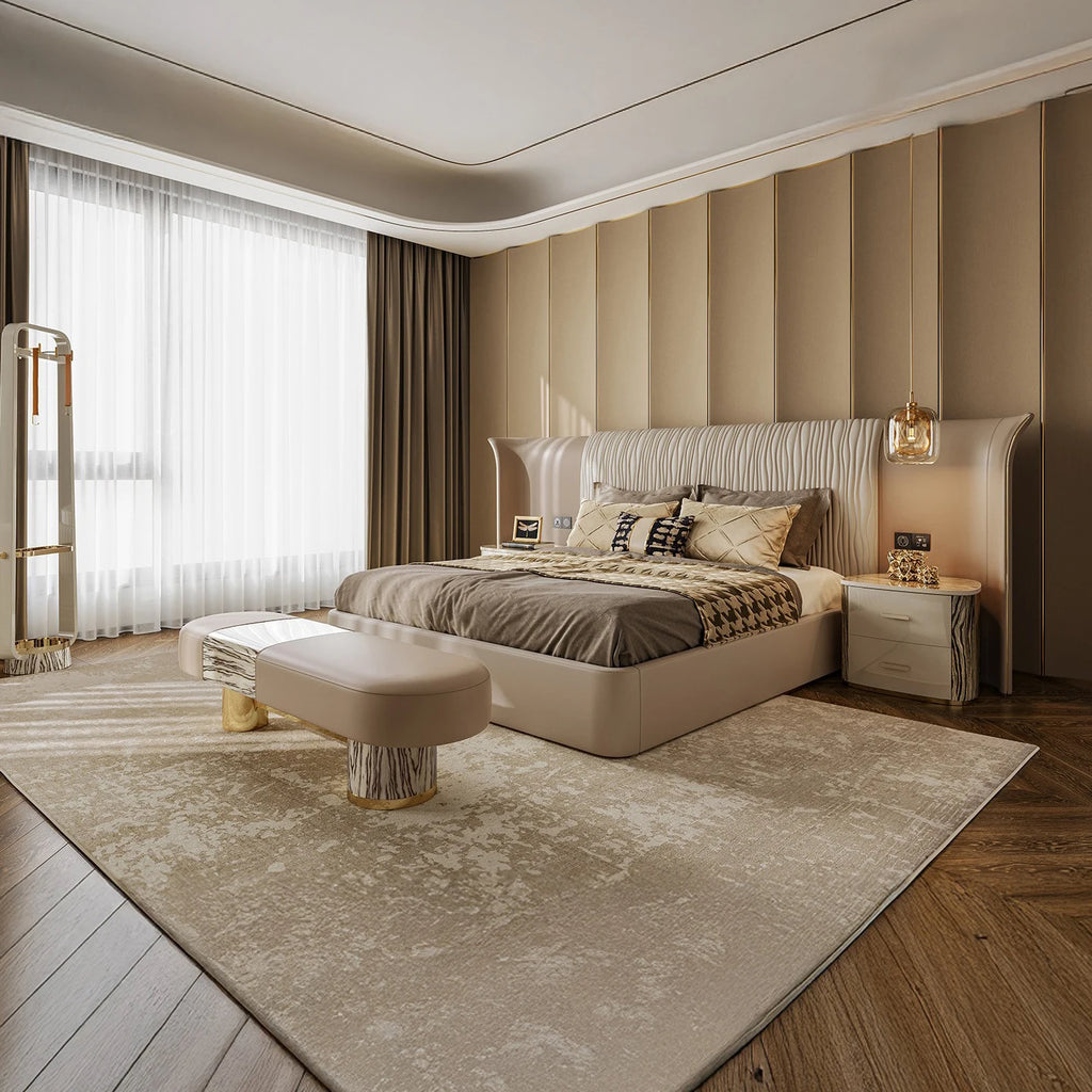 #Luxury Italian Wingback Bed King/Queen Size, Gold Trim Wave Headboard Leather Upholstered Bed