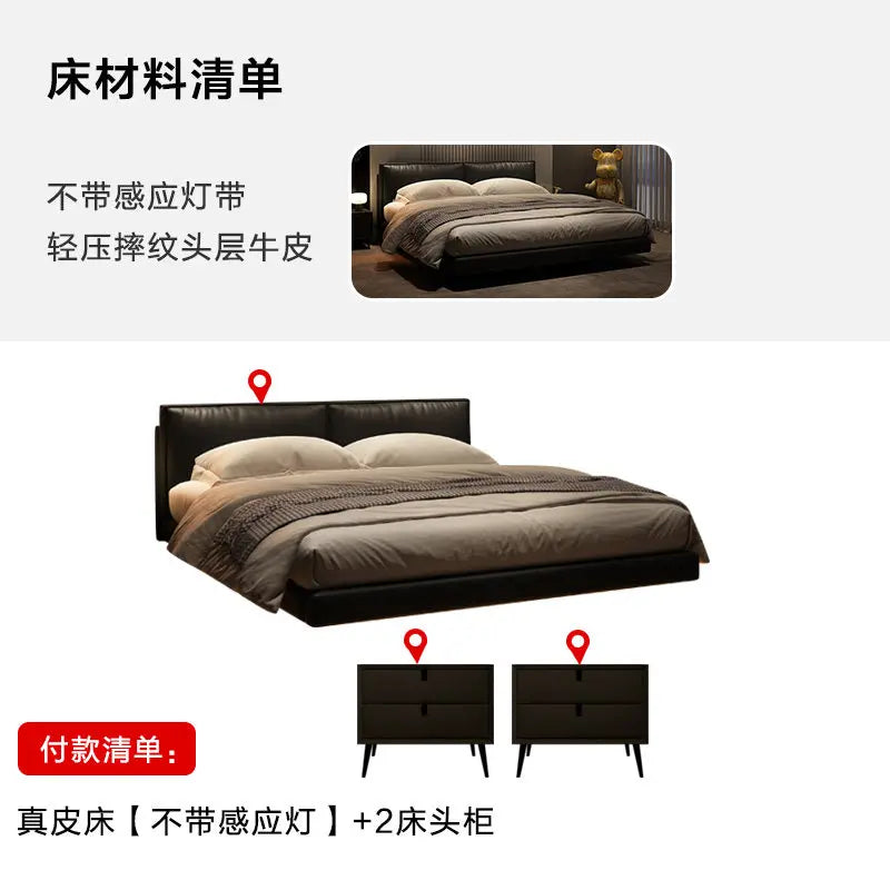 Light Strip Double Bed Soft Backrest Headboard Bed 2 People Bedside Table With Drawers King Size Frame Bedroom Furnitures Home