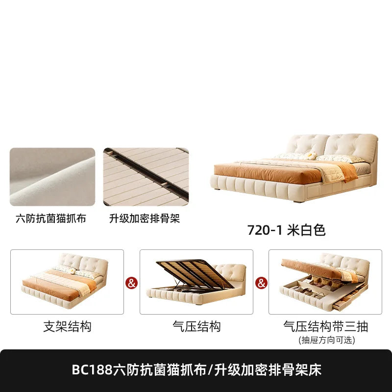 Cream Wind Cloud Fabric Frame Bed Modern Simple Master Bedroom Wedding Bed 1.8m High Box Storage Drawer Bed