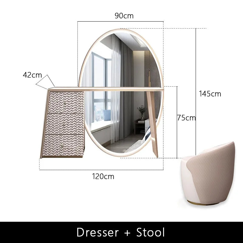 Luxury Beige Makeup Vanity Set with Side Cabinet Dressing Table with Big Mirror & Stool