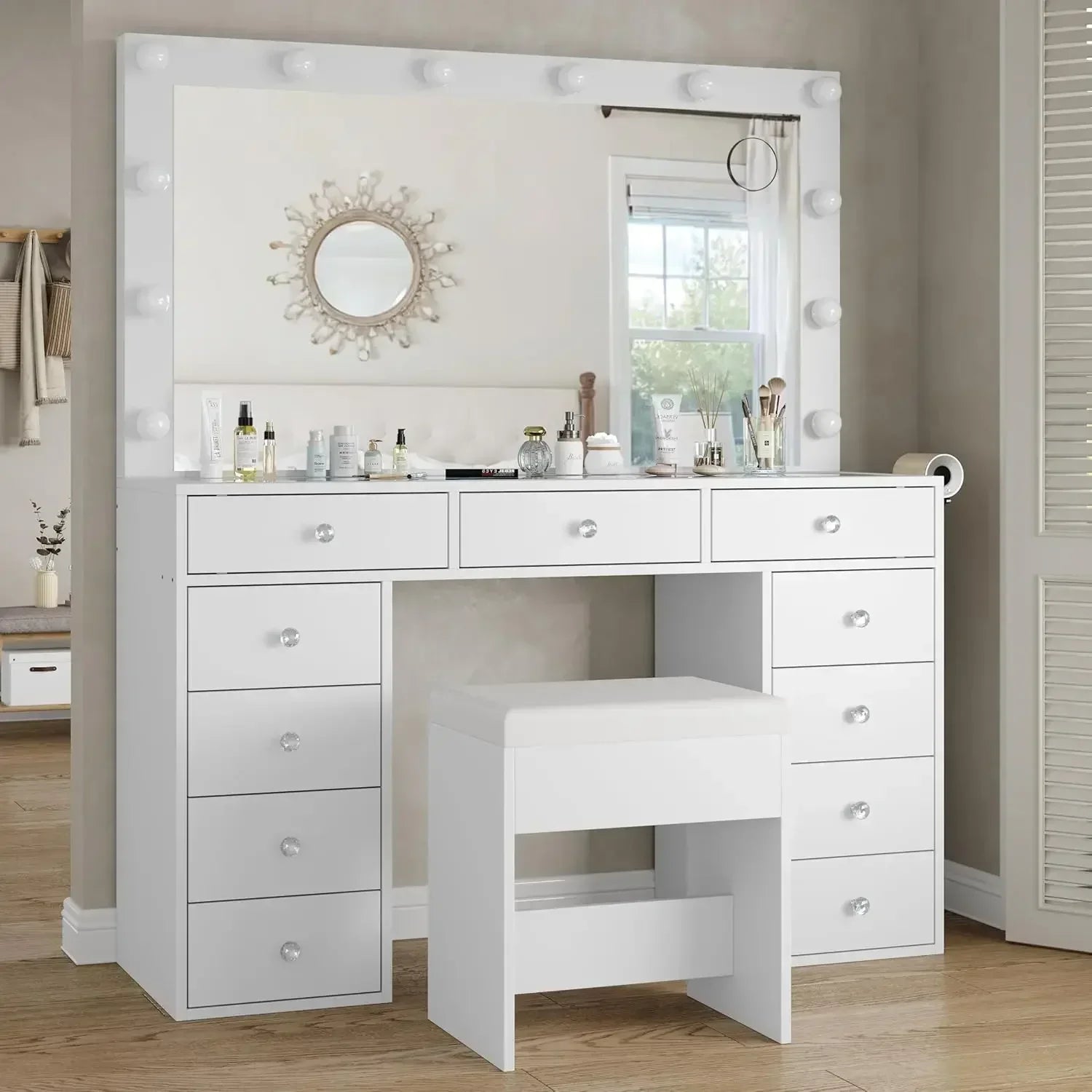 %a Vanity Desk & Power Outl, Makeup Vanity with Mirror and 12 LED Lights, Makeup Table with 11 Drawers, Vanity Table with Chai