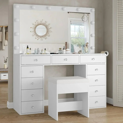 %a Vanity Desk & Power Outl, Makeup Vanity with Mirror and 12 LED Lights, Makeup Table with 11 Drawers, Vanity Table with Chai