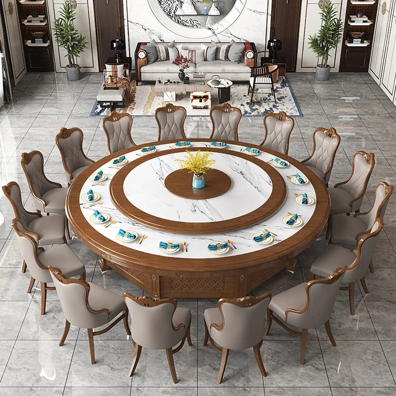 20 Seater Hotel Dining Table Electric Large Round Table Commercial Banquet Solid Wood Dinner Table