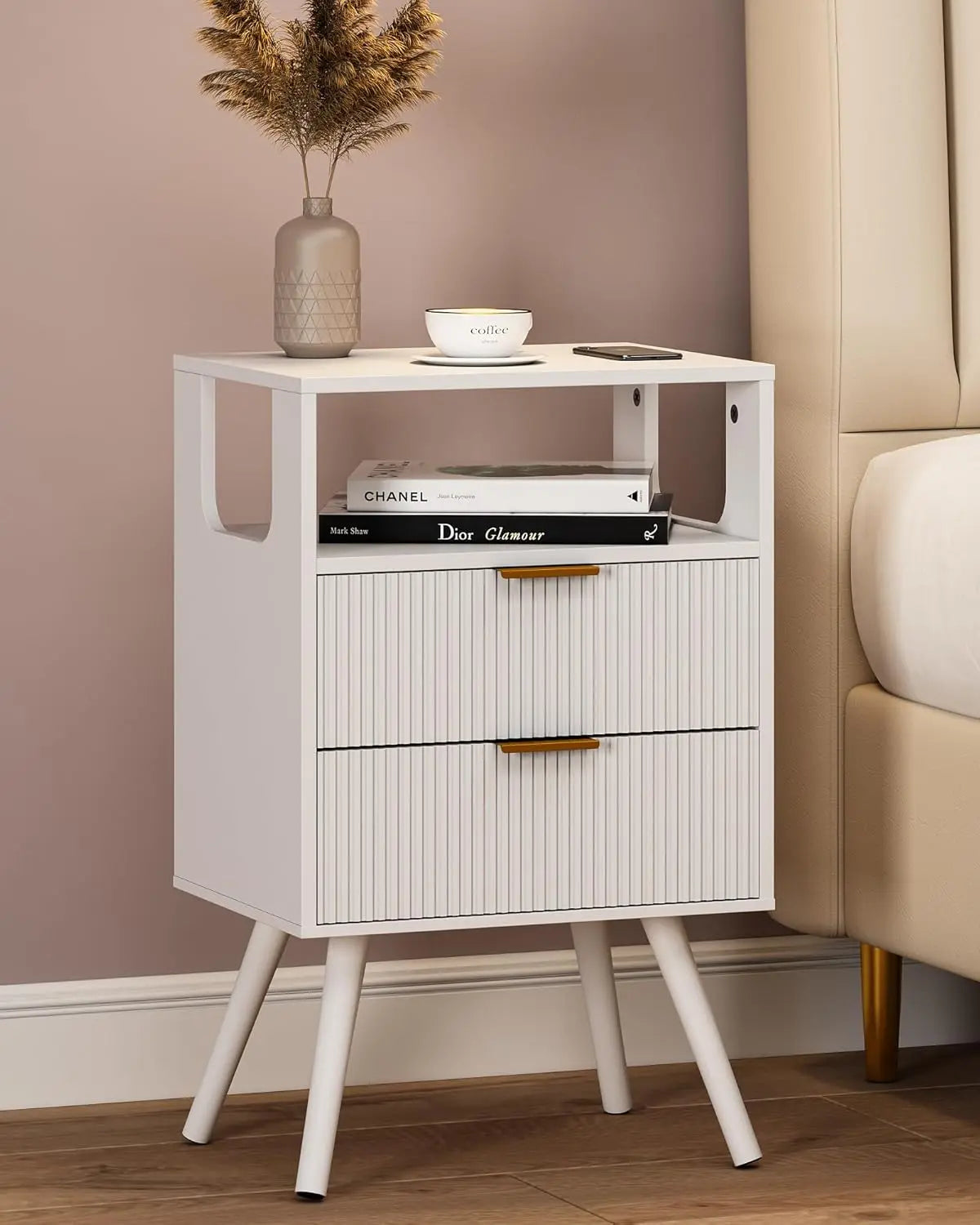Nightstand Modern 2 Storage Drawer and Open Wood Shelf for Bedroom Spaces Night Stand with Solid Wood Legs Grey Oak-Outlet