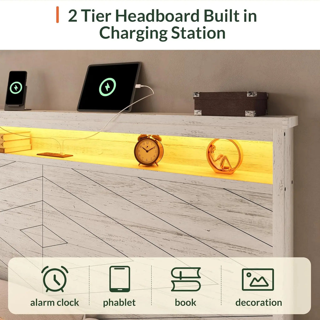 Queen Size Bed Frame with 2 Storage Drawers and Headboard Wooden Platform Bed Frame with LED Lights and Charging, Customized