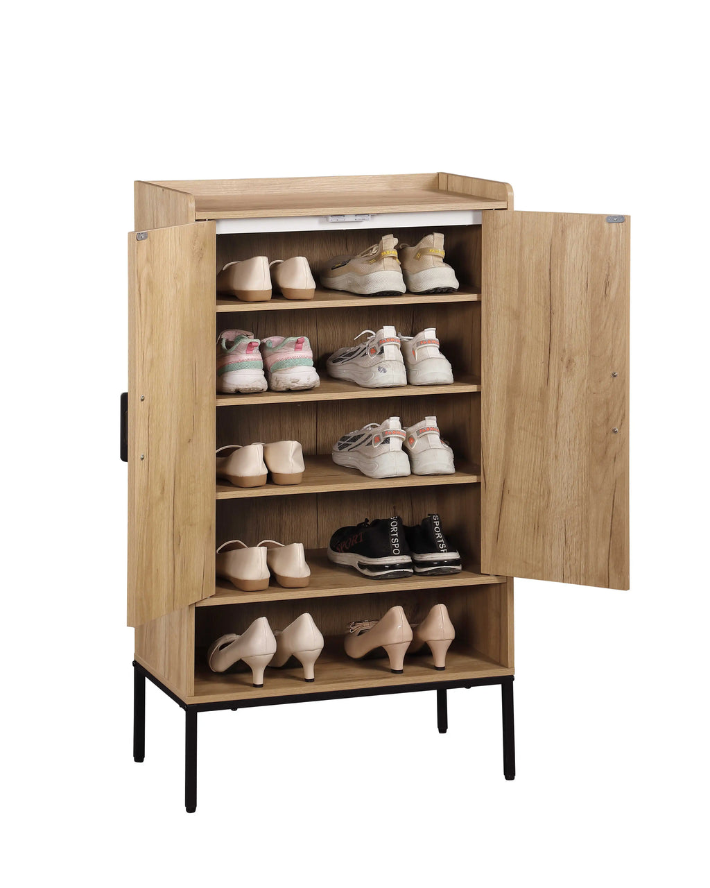 Shoe Cabinet with Rattan Doors, 5-Tier Shoe Storage Cabinet with Open Shelves,Wooden Shoes Rack Organizer
