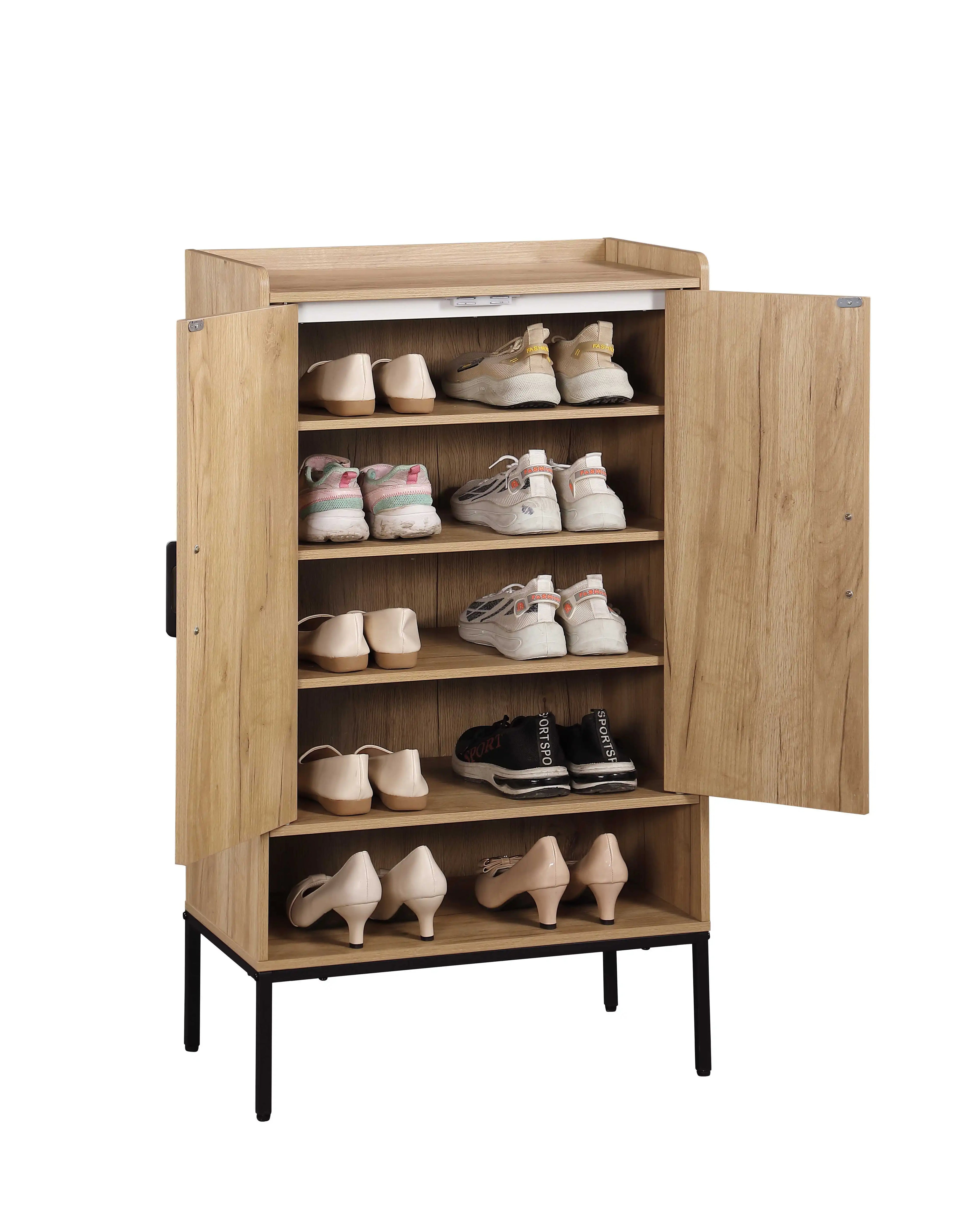 Shoe Cabinet with Rattan Doors, 5-Tier Shoe Storage Cabinet with Open Shelves,Wooden Shoes Rack Organizer
