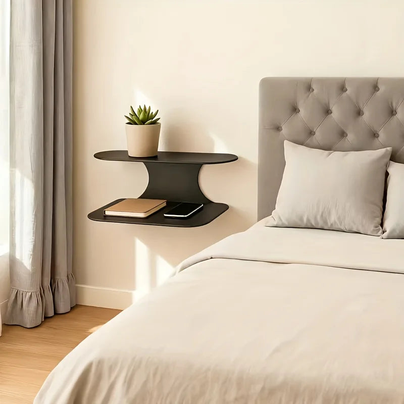 Two-Level Floating Nightstand Shelf, Easy Black Wall-Installed Side Table for The Bedroom, Suitable for Plants, Books
