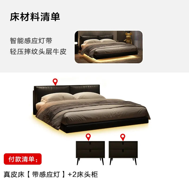 Light Strip Double Bed Soft Backrest Headboard Bed 2 People Bedside Table With Drawers King Size Frame Bedroom Furnitures Home