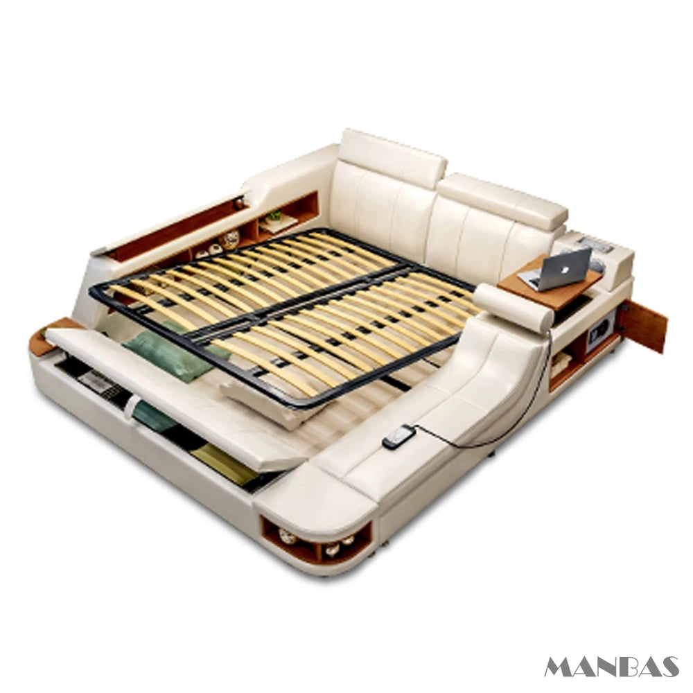 All In One Bed,Luxury Tech Smart Ultimate Bed Frame, Genuine Leather Upholstered Platform Bed with Speaker USB Storage LED Light