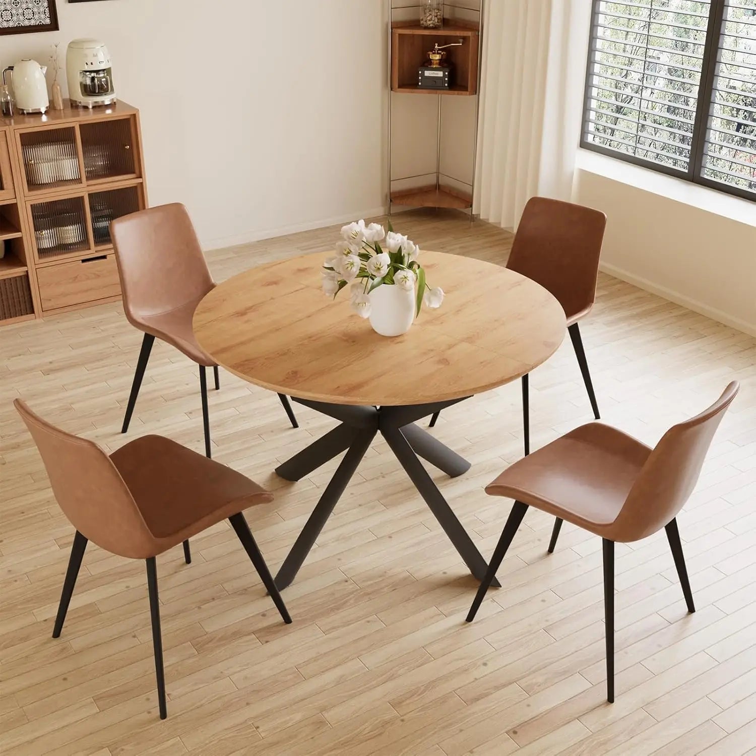 43.2"-59.1" Extendable Round Dining Table Set, Kitchen Table for 4-6 Person with Scratch-Resistant Thickened MDF, Customized