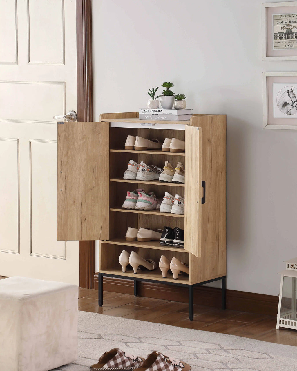 Shoe Cabinet with Rattan Doors, 5-Tier Shoe Storage Cabinet with Open Shelves,Wooden Shoes Rack Organizer