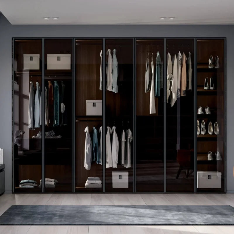 Modern Walk in Closet Designs Glass Door Bedroom Furniture with LED Storage Drawers Glass Wardrobes