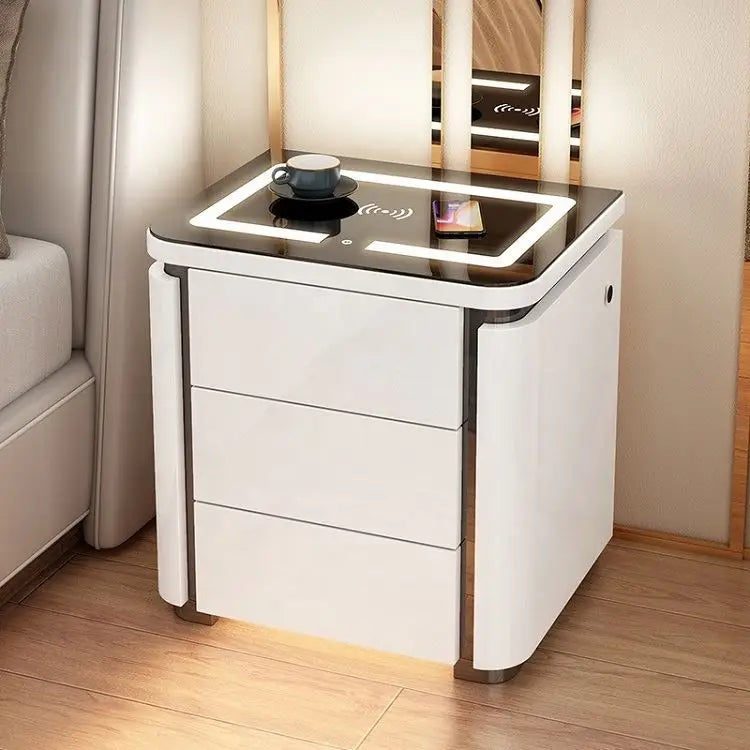 LED Bedside Table With Top Glass Touch Light, Wireless Charging, Usb Port Bedside Cabinet For Bedroom