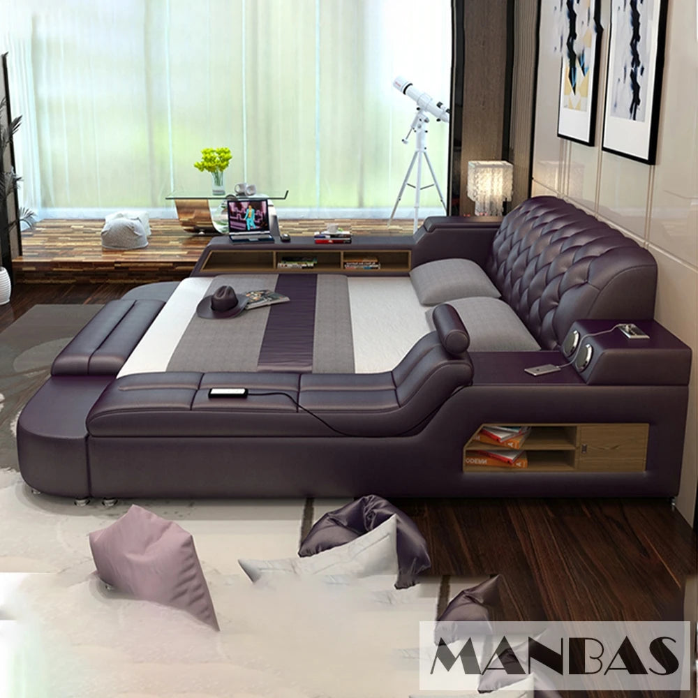 Luxury Multi-Functional Upholstered Platform Bed Frame with Speakers & LED Lights, Modern Tufted Headboard King/Queen Size Bed