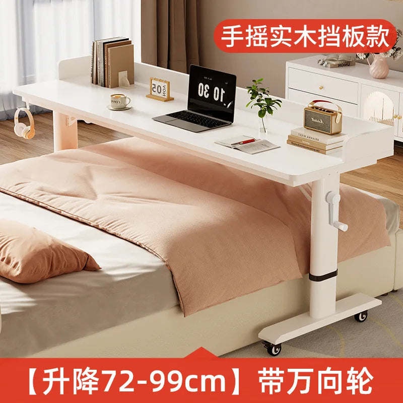 Adjustable Overbed Laptop Desk with Wheels | Bedroom Furniture Rolling Computer Table | Hand Crank Solid Wood Desk