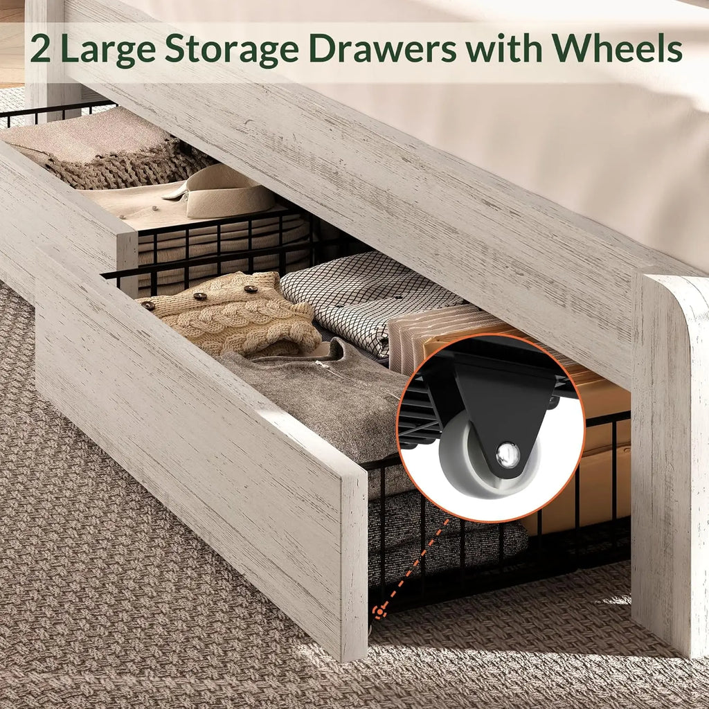 Queen Size Bed Frame with 2 Storage Drawers and Headboard Wooden Platform Bed Frame with LED Lights and Charging, Customized