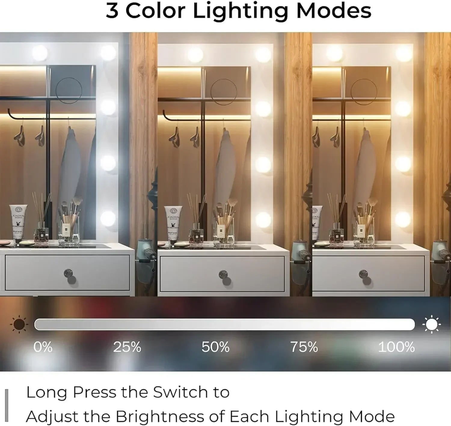 %a Vanity Desk & Power Outl, Makeup Vanity with Mirror and 12 LED Lights, Makeup Table with 11 Drawers, Vanity Table with Chai