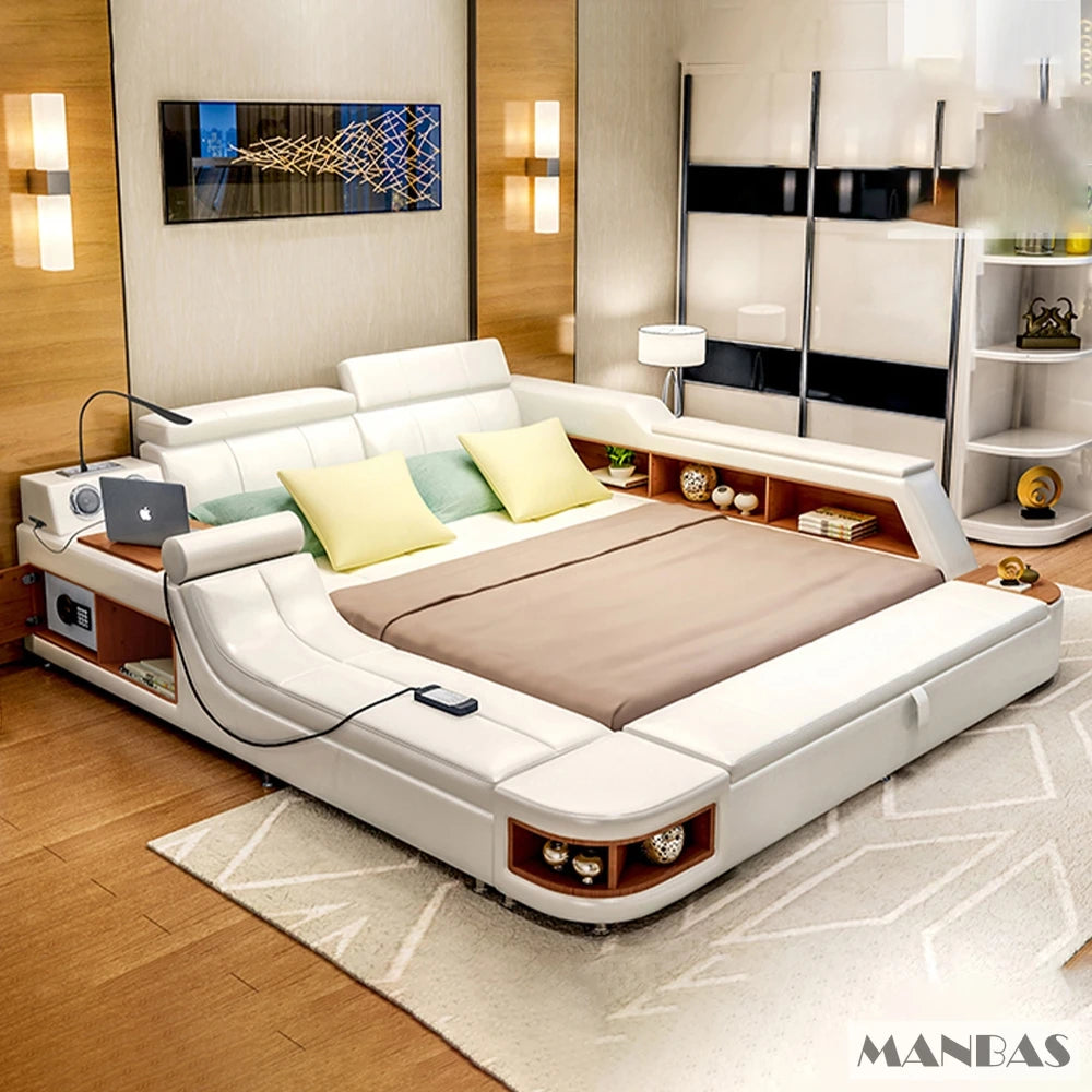All In One Bed,Luxury Tech Smart Ultimate Bed Frame, Genuine Leather Upholstered Platform Bed with Speaker USB Storage LED Light