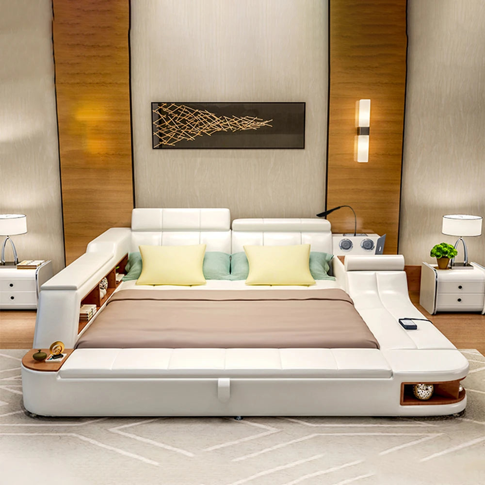 All In One Bed,Luxury Tech Smart Ultimate Bed Frame, Genuine Leather Upholstered Platform Bed with Speaker USB Storage LED Light