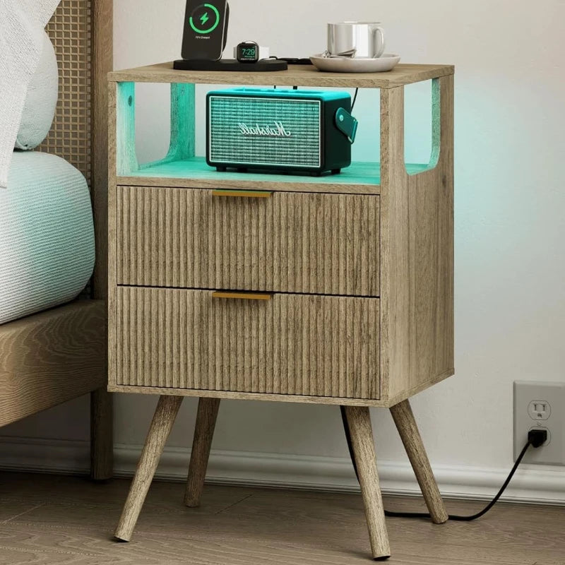 Nightstand Modern 2 Storage Drawer and Open Wood Shelf for Bedroom Spaces Night Stand with Solid Wood Legs Grey Oak-Outlet