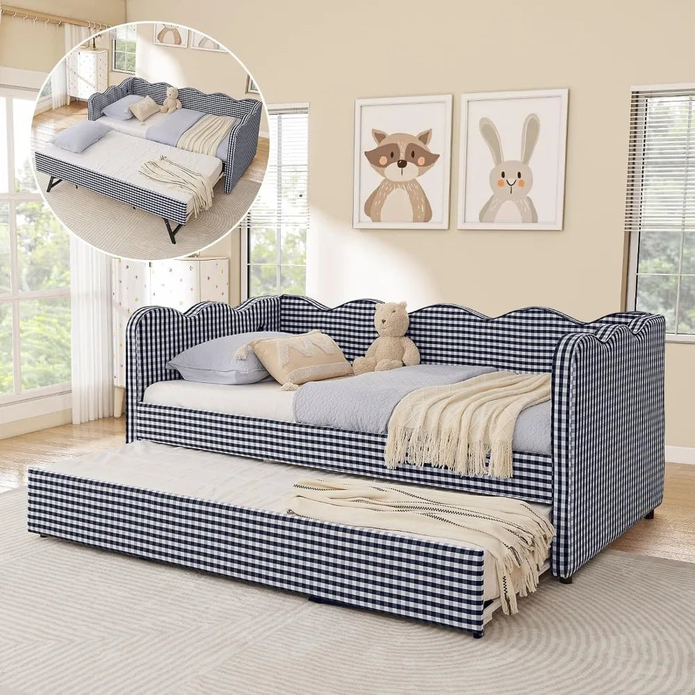 Twin to King Size Linen Gingham Daybed with Pop Up Trundle USB Ports Upholstered Sofa Bed Frame for Living Room Bedroom Guest