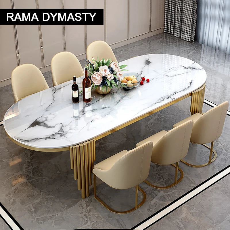 Ellipses Marble Dining Room Gold Stainless steel Leg Seats 6-8 People Dining Table