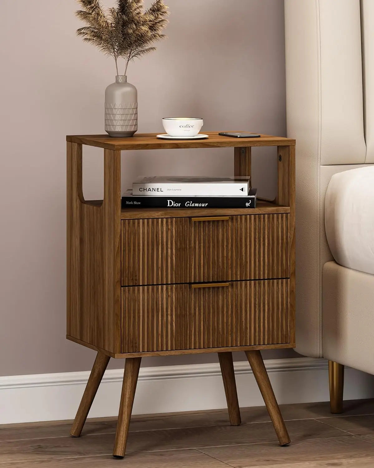 Nightstand Modern 2 Storage Drawer and Open Wood Shelf for Bedroom Spaces Night Stand with Solid Wood Legs Grey Oak-Outlet