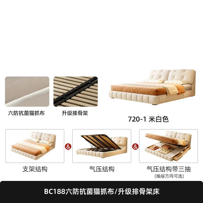 Cream Wind Cloud Fabric Frame Bed Modern Simple Master Bedroom Wedding Bed 1.8m High Box Storage Drawer Bed