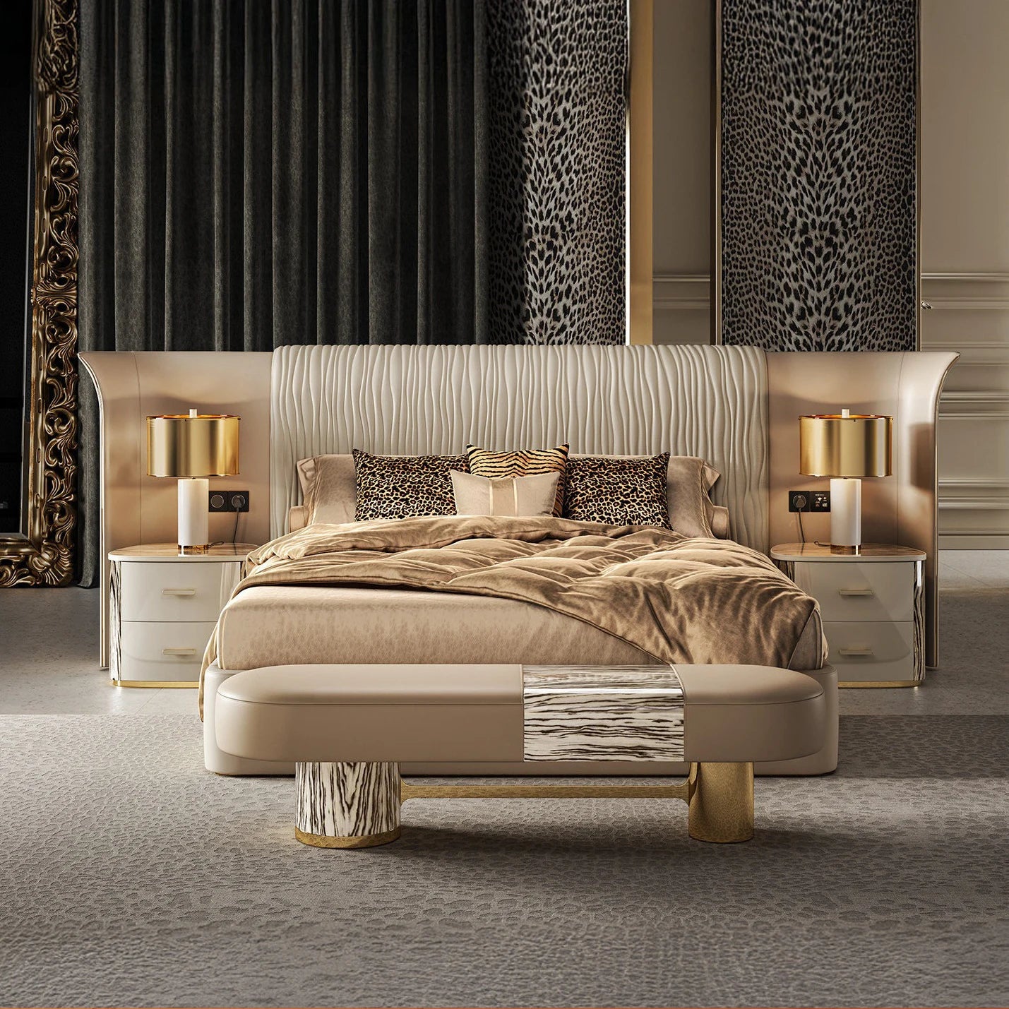 #Luxury Italian Wingback Bed King/Queen Size, Gold Trim Wave Headboard Leather Upholstered Bed