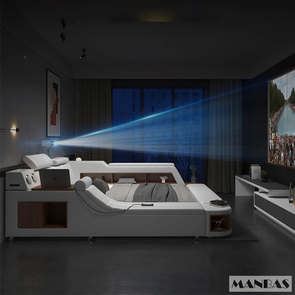 All In One Bed,Luxury Tech Smart Ultimate Bed Frame, Genuine Leather Upholstered Platform Bed with Speaker USB Storage LED Light