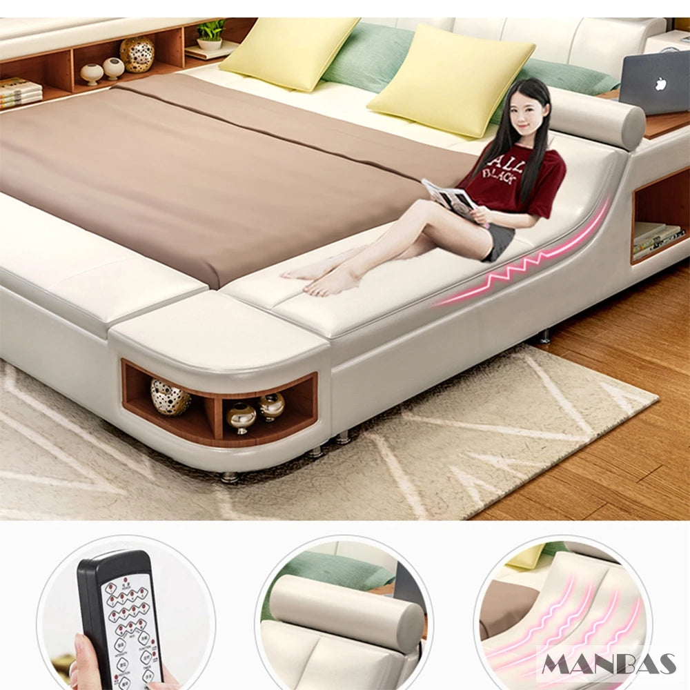 All In One Bed,Luxury Tech Smart Ultimate Bed Frame, Genuine Leather Upholstered Platform Bed with Speaker USB Storage LED Light
