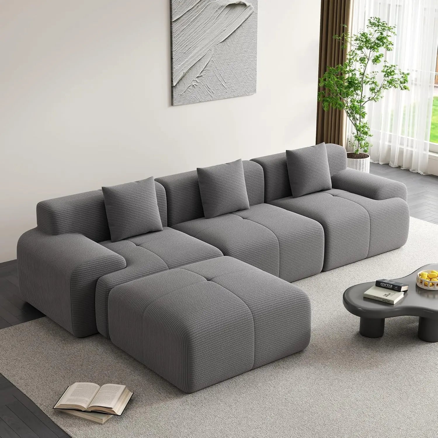 107in Modular Sectional Sofa with Ottoman L-Shape Deep Seat Corduroy Memory Foam No Assembly Living Room Furniture Custom