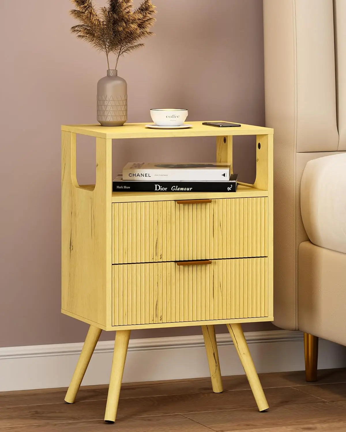Nightstand Modern 2 Storage Drawer and Open Wood Shelf for Bedroom Spaces Night Stand with Solid Wood Legs Grey Oak-Outlet
