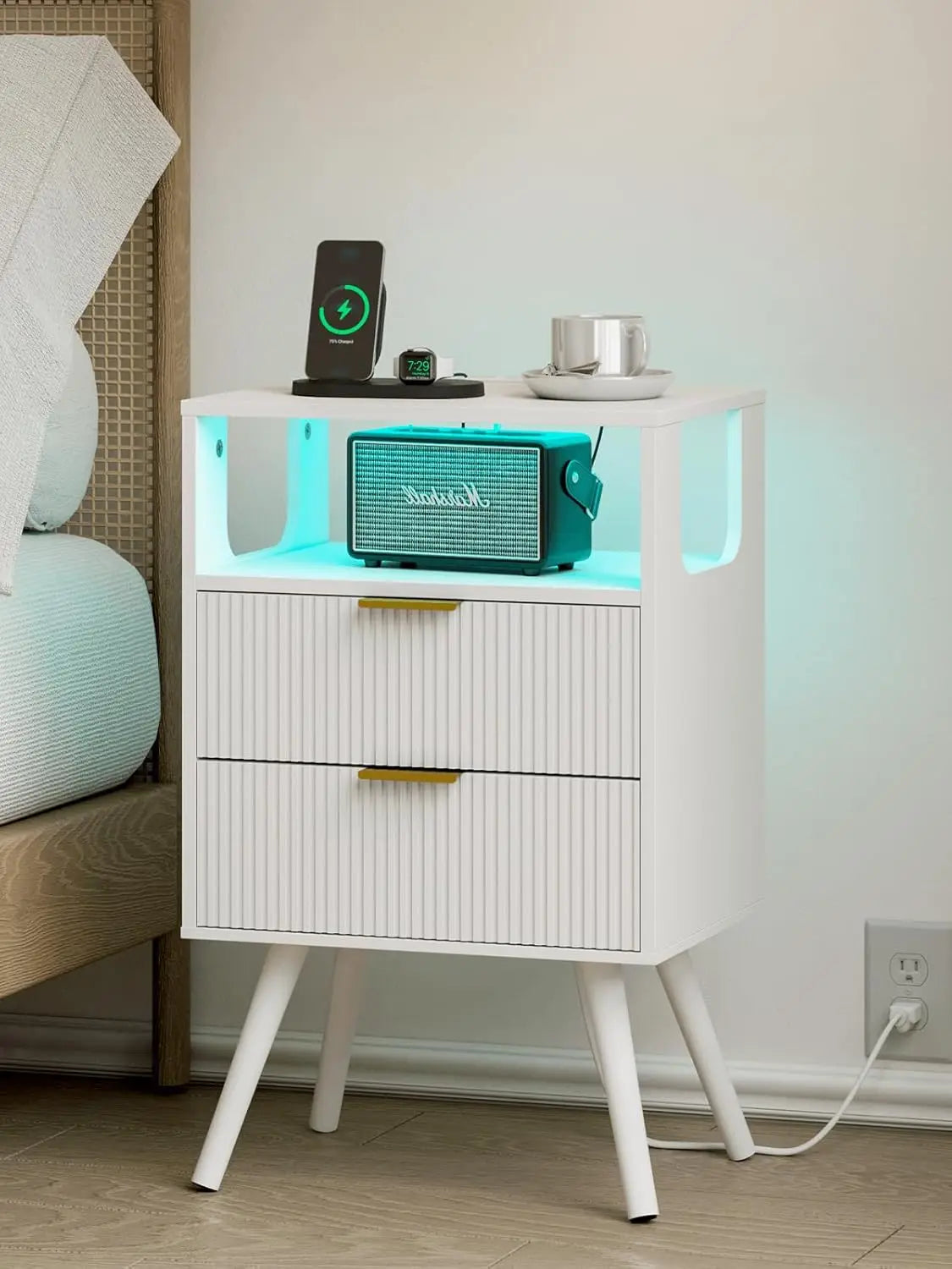 Nightstand Modern 2 Storage Drawer and Open Wood Shelf for Bedroom Spaces Night Stand with Solid Wood Legs Grey Oak-Outlet