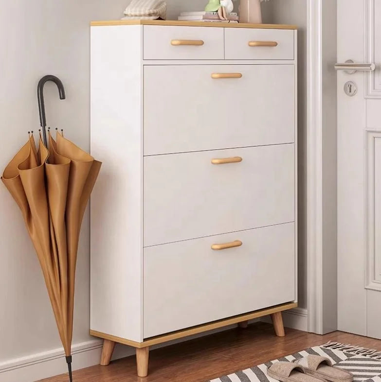 Customizable modern wooden shoe cabinet with a rotating design that provides shoe storage space.