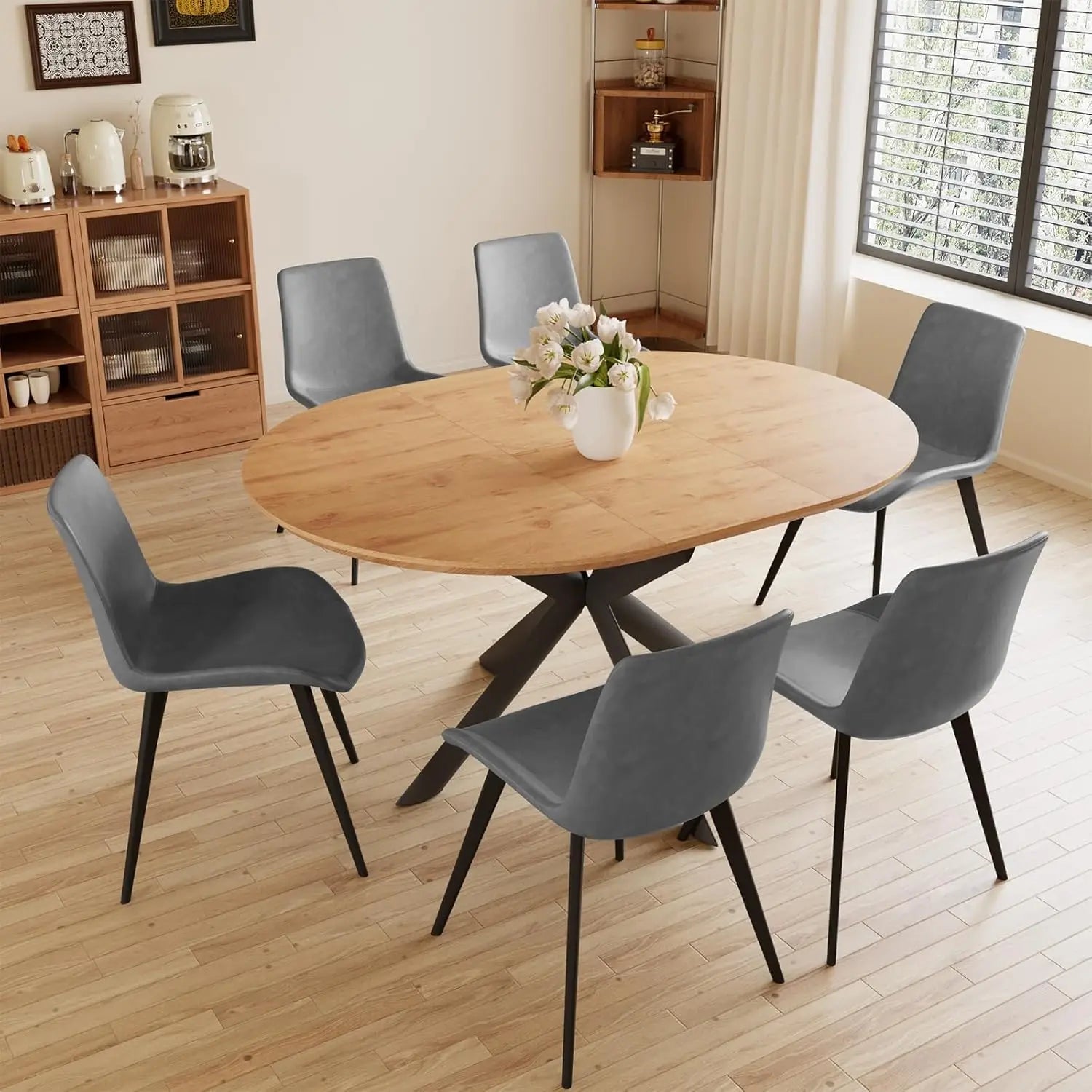 43.2"-59.1" Extendable Round Dining Table Set, Kitchen Table for 4-6 Person with Scratch-Resistant Thickened MDF, Customized