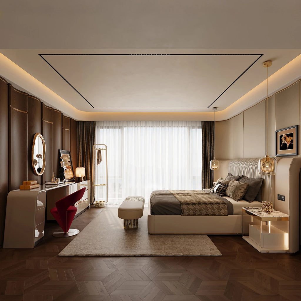 #Luxury Italian Wingback Bed King/Queen Size, Gold Trim Wave Headboard Leather Upholstered Bed