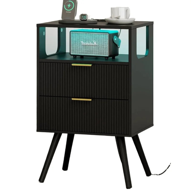 Nightstand Modern 2 Storage Drawer and Open Wood Shelf for Bedroom Spaces Night Stand with Solid Wood Legs Grey Oak-Outlet