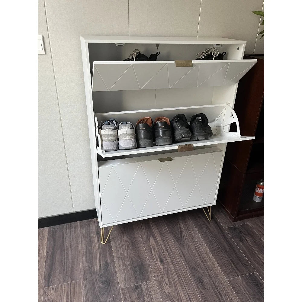 Shoe Cabinet Storage for Entryway Slim White Hidden Tipping Bucket Shoe Organizer Cabinet Wooden Narrow Shoe Rack for Hallway