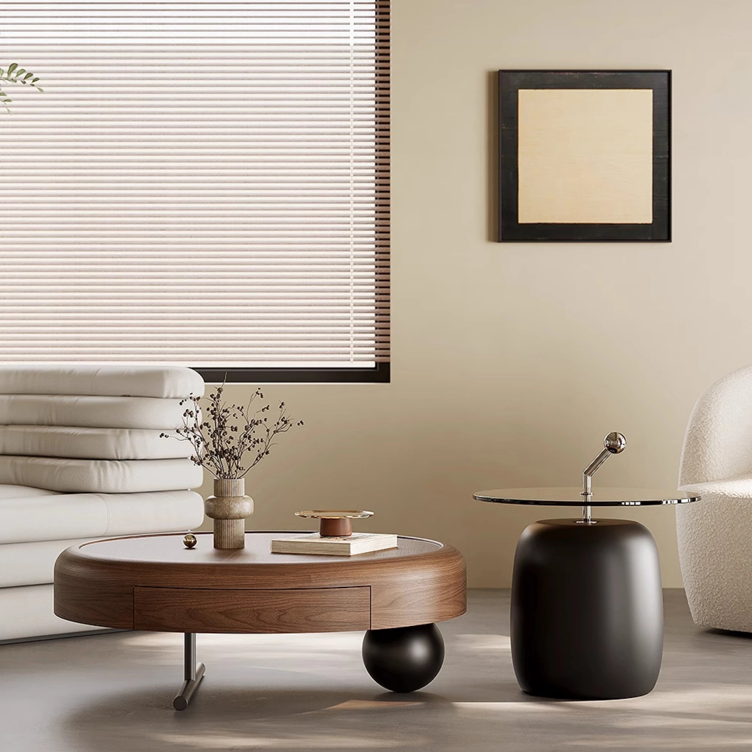 Stylish Round Coffee Table with Hidden Storage and Chic Side Table