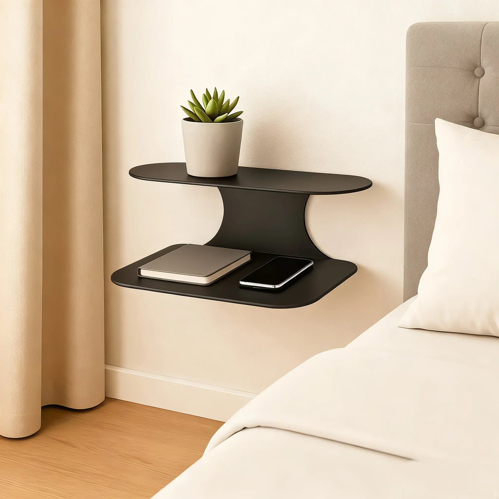 Two-Level Floating Nightstand Shelf, Easy Black Wall-Installed Side Table for The Bedroom, Suitable for Plants, Books