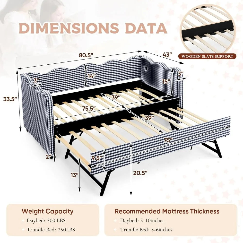 Twin to King Size Linen Gingham Daybed with Pop Up Trundle USB Ports Upholstered Sofa Bed Frame for Living Room Bedroom Guest
