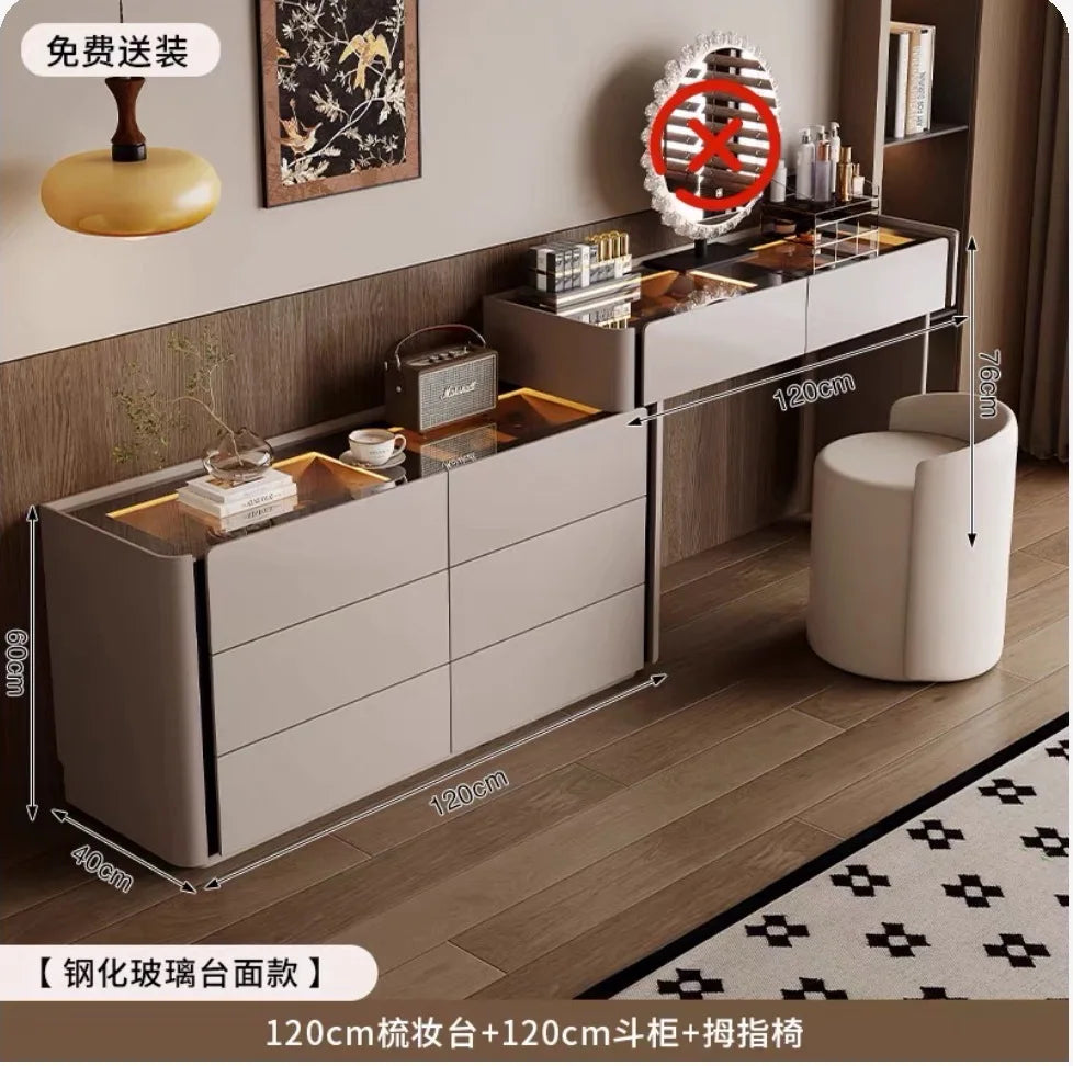Modern Vanity Desk Dressing Vanity Table with Smart LED Mirror Luxury Makeup Set Includes Expandable Side Cabinet with 6 Drawer