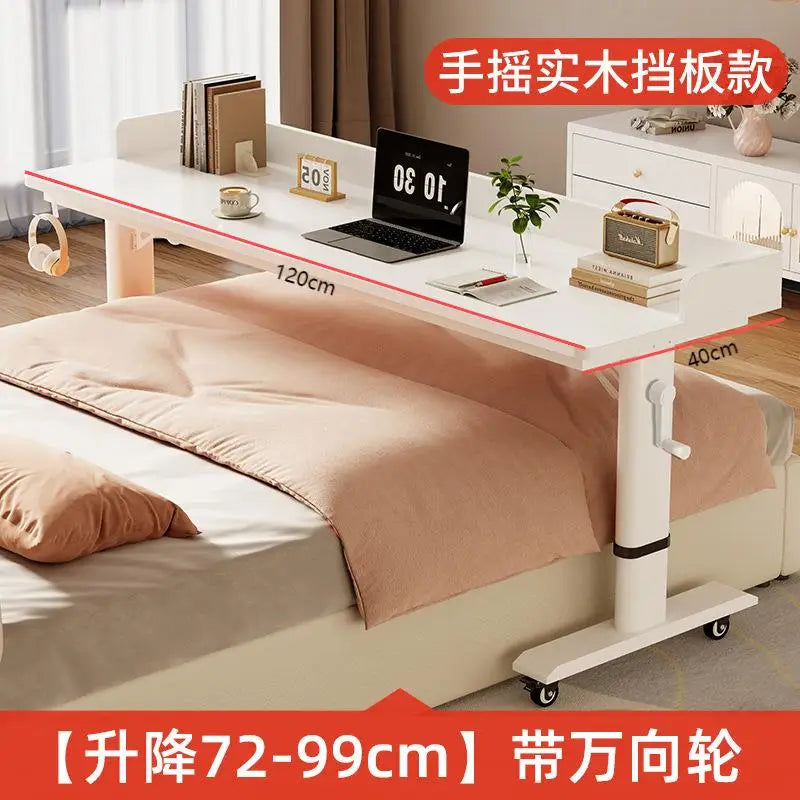Adjustable Overbed Laptop Desk with Wheels | Bedroom Furniture Rolling Computer Table | Hand Crank Solid Wood Desk