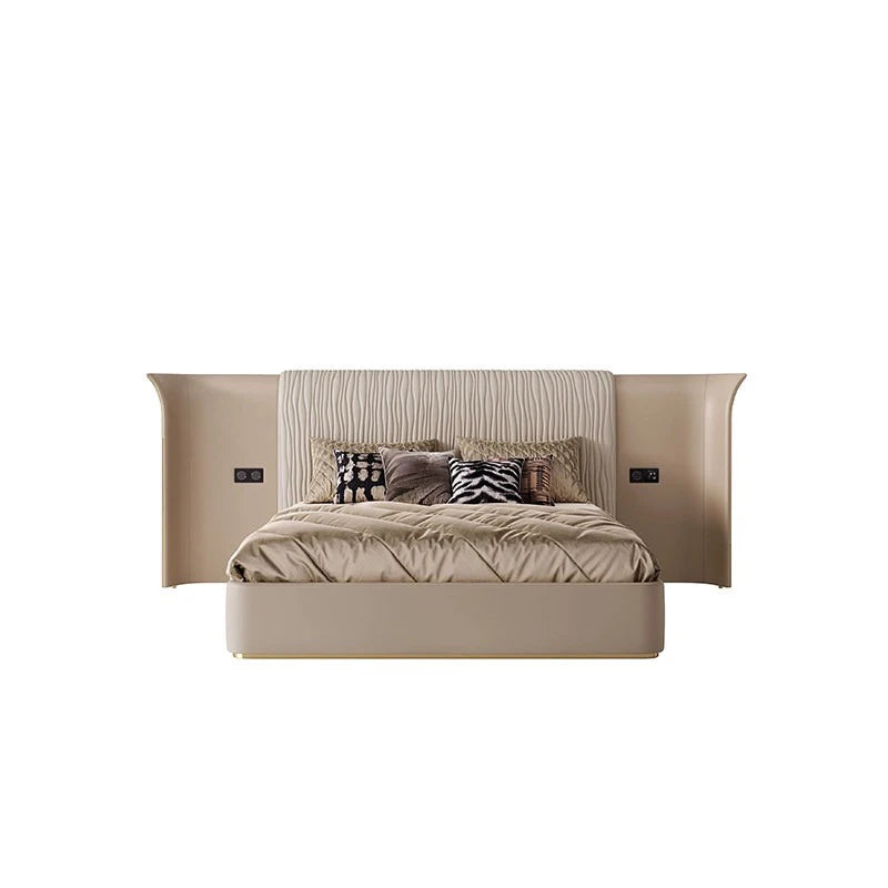 #Luxury Italian Wingback Bed King/Queen Size, Gold Trim Wave Headboard Leather Upholstered Bed