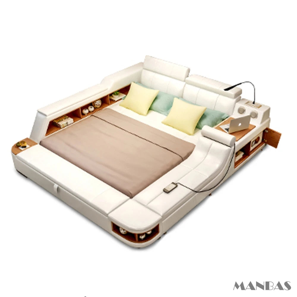 All In One Bed,Luxury Tech Smart Ultimate Bed Frame, Genuine Leather Upholstered Platform Bed with Speaker USB Storage LED Light
