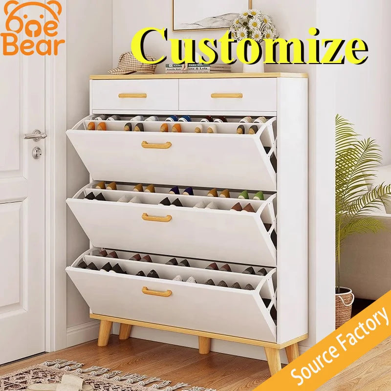Customizable modern wooden shoe cabinet with a rotating design that provides shoe storage space.